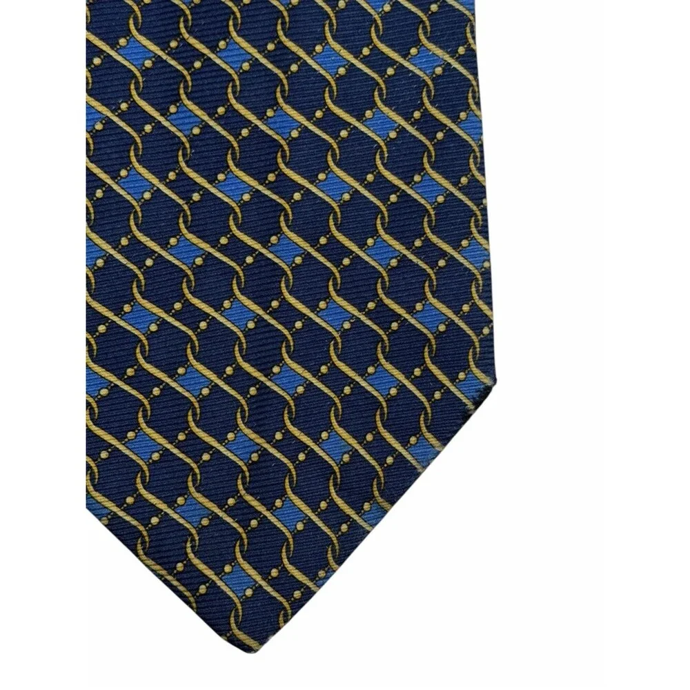Gianni Versace Navy Gold Medusa Silk Tie Geometric Chain Pattern Italy Necktie